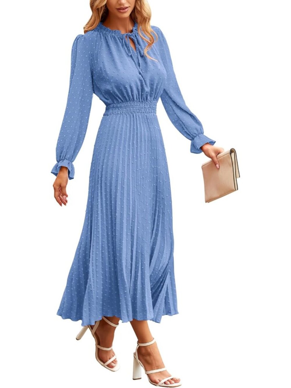 Women's Light Blue Fall Long Puff Sleeve V Neck Swiss Dot Wedding Midi Dresses
